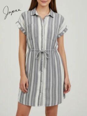 Sz S Japna Anthropologie 100% Cotton Striped Button-Up Dress - Blue-Grey & White